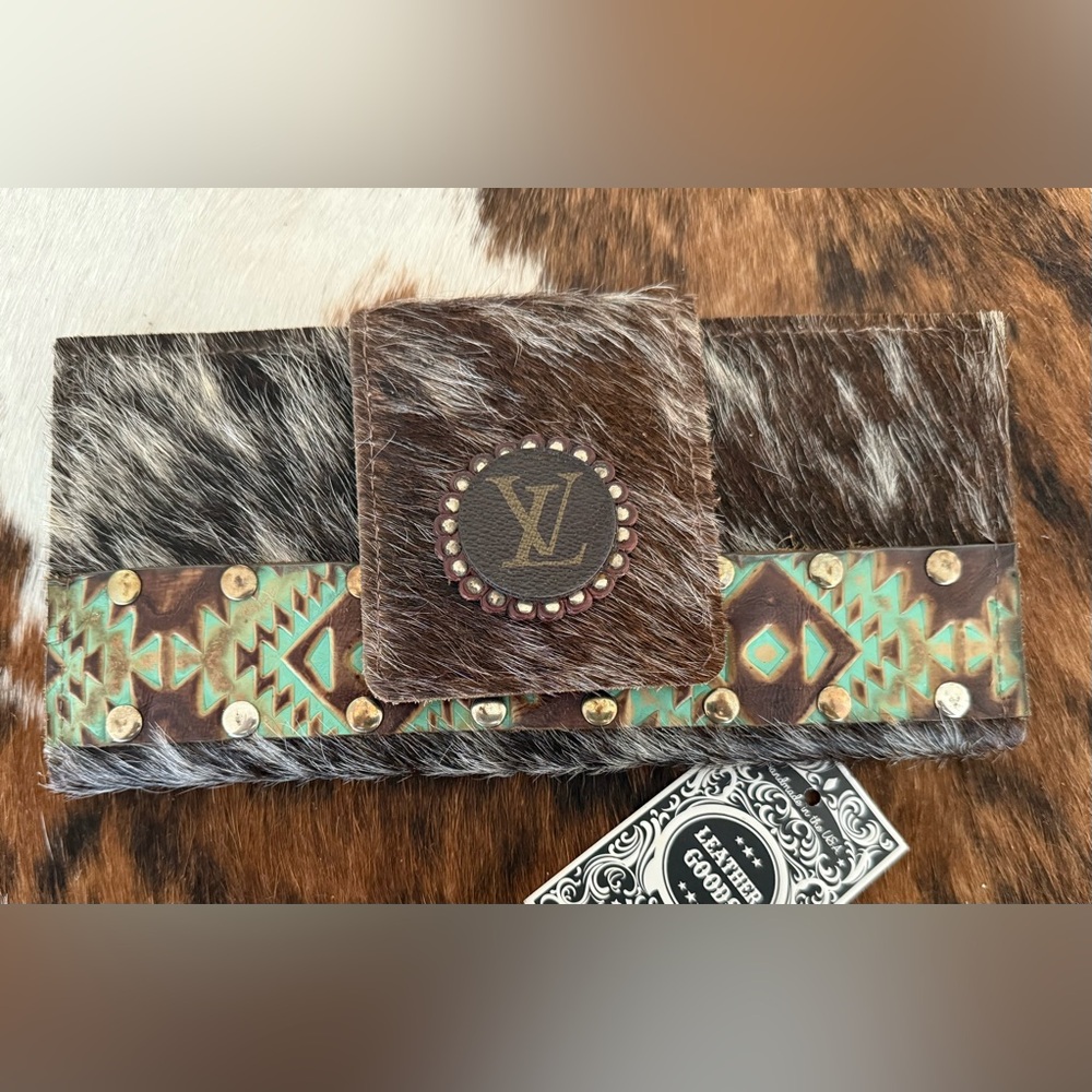 Keep It Gypsy Black White Hair Hide Genuine Design Patch Leather Wallet Clutch